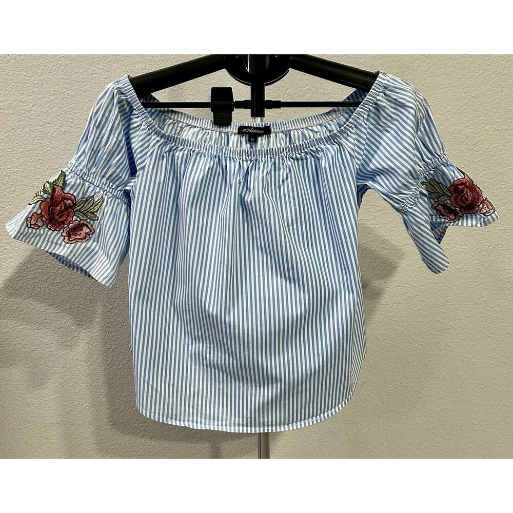 Ambiance Off The Shoulder Top Medium M Striped Blue White Floral Embroider Boho